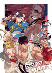 Rule 34 | 2girls, 3boys, abs, akuma (street fighter), bare shoulders, beard, black sclera, blonde hair, boxing gloves, bracelet, capcom, character request, charlie nash, chun-li, colored sclera, copyright name, double bun, dougi, facial hair, fighting stance, foreshortening, forked eyebrows, frown, glasses, hair bun, headband, ibuki (street fighter), jewelry, large pectorals, male focus, mask, mature male, mouth mask, multiple boys, multiple girls, muscular, muscular male, ninja, ninja mask, outside border, pants, pantyhose, pectoral cleavage, pectorals, ryu (street fighter), shirt, short hair, sideburns, sidepec, sleeveless, sleeveless shirt, spiked bracelet, spikes, street fighter, thick eyebrows, thighs, torn clothes, torn shirt, white pants, yuiofire
