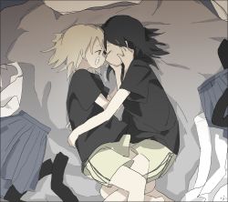 Rule 34 | 2girls, absurdres, bandaid, bandaid on face, black hair, black legwear, black shirt, blonde hair, closed mouth, commentary request, closed eyes, feet out of frame, from above, green shorts, grey eyes, hand on another&#039;s face, highres, hug, leg between thighs, unworn legwear, looking at another, medium hair, multiple girls, on bed, original, pleated skirt, roisa, shirt, unworn shirt, short hair, short sleeves, shorts, skirt, unworn skirt, t-shirt, tearing up, yuri