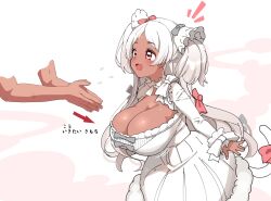 Rule 34 | 1boy, 1girl, :3, ayagi daifuku, bow, breasts, cleavage, dark-skinned female, dark skin, disembodied limb, dress, flying sweatdrops, fur-trimmed dress, fur trim, grey bow, highres, huge breasts, indie virtual youtuber, large breasts, long hair, looking at another, nekobuki kemuri, open mouth, own hands together, parted bangs, pink bow, red eyes, smile, sweat, tail, tail bow, tail ornament, two side up, very long hair, virtual youtuber, white background, white dress, white hair