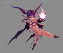 Rule 34 | 1girl, absurdres, bikini, borrowed character, breasts, cleavage, demon girl, demon wings, eudetenis, fang, highres, horns, looking at viewer, micro bikini, midair, monster girl, open mouth, original, pointy ears, purple hair, simple background, slit pupils, solo, swimsuit, tattoo, twintails, underboob, wings