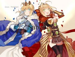 Rule 34 | 10s, 2girls, :d, ahoge, armlet, armor, armored dress, artoria pendragon (all), artoria pendragon (fate), bad id, bad pixiv id, black legwear, blonde hair, blue eyes, bow, breasts, bunko (fumimatsu), cape, capelet, character name, cleavage, crown, fate/extra, fate/grand order, fate/stay night, fate (series), fur trim, gauntlets, green eyes, hair bow, hair ribbon, hand up, jewelry, large breasts, looking at viewer, multiple girls, nero claudius (fate), nero claudius (fate) (all), nero claudius (fate/extra), official alternate costume, open mouth, petals, ribbon, saber (fate), smile, thighhighs