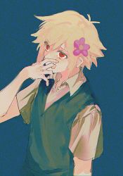 Rule 34 | 1boy, basil (faraway) (omori), basil (omori), blonde hair, blue background, collared shirt, commentary, english commentary, flower, green vest, hand up, looking away, male focus, omori, pink flower, red eyes, shirt, short hair, short sleeves, ss un17, upper body, vest