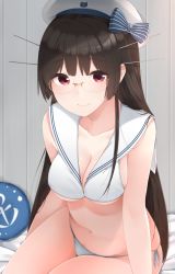 Rule 34 | 1girl, alternate costume, anchor symbol, arm support, bikini, black hair, bow, breasts, choukai (kancolle), cleavage, commentary request, cosplay, glasses, hat, headgear, highres, indoors, kantai collection, large breasts, light smile, long hair, looking at viewer, navel, red eyes, sailor bikini, sailor collar, sailor hat, side-tie bikini bottom, sideboob, sitting, solo, standing, striped, striped bow, swimsuit, underboob, white bikini, white hat, yukichi (sukiyaki39), z3 max schultz (kancolle), z3 max schultz (kancolle) (cosplay)