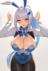 Rule 34 | 1girl, animal ears, areola slip, arms up, black pantyhose, blue hair, blue leotard, blunt bangs, blush, breasts, breasts out, cleavage, colored inner hair, fake animal ears, hair ornament, highres, large areolae, large breasts, leotard, lize helesta, long hair, multicolored hair, nijisanji, open mouth, pantyhose, playboy bunny, ponytail, puffy nipples, purple eyes, rabbit ears, rabbit pose, shrug (clothing), sidelocks, simple background, smile, solo, sweat, two-tone hair, veryhardloco, virtual youtuber, white background, white hair