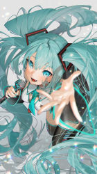 Rule 34 | 1girl, absurdres, aqua eyes, aqua hair, aqua necktie, black sleeves, blurry, blurry foreground, blush, breasts, depth of field, detached sleeves, fang, fang out, gotou (nekocat), hatsune miku, headset, highres, holding, holding microphone, long hair, looking at viewer, medium breasts, microphone, music, necktie, open mouth, reaching, reaching towards viewer, sharp teeth, singing, skirt, sleeveless, smile, solo, teeth, thighhighs, twintails, very long hair, vocaloid, zettai ryouiki