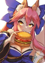 Rule 34 | 1girl, animal ear fluff, animal ears, bare shoulders, blue bow, blue kimono, blush, bow, breasts, burger, cleavage, commentary, cup, detached sleeves, disposable cup, drinking straw, english commentary, eyelashes, fang, fast food, fate/extra, fate (series), film grain, food, fox ears, fox girl, fox tail, genokong, grin, hair bow, highres, holding, holding cup, holding food, japanese clothes, kimono, large breasts, long hair, long sleeves, looking at viewer, making-of available, obi, pink hair, sash, shadow, sidelocks, smile, solo, split ponytail, tail, tamamo (fate), tamamo no mae (fate/extra), upper body, wide sleeves, yellow eyes