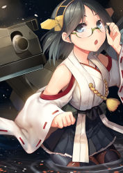 Rule 34 | 10s, 1girl, :o, absurdres, adjusting eyewear, akizone, bare shoulders, black hair, black pantyhose, blue eyes, blush, boots, breasts, cannon, chestnut mouth, detached sleeves, glasses, green-framed eyewear, hairband, highres, japanese clothes, kantai collection, kirishima (kancolle), medium breasts, nontraditional miko, open mouth, pantyhose, short hair, skirt, solo, thigh boots, thighhighs, turret, water