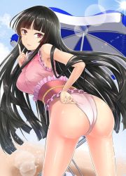 Rule 34 | 1girl, adjusting clothes, adjusting swimsuit, ass, ass focus, back, beach, beach umbrella, black hair, blue sky, cloud, cloudy sky, frills, houraisan kaguya, long hair, looking at viewer, looking back, outdoors, pink eyes, singlet, sky, solo, swimsuit, touhou, touhou tag dream, umbrella, wrestling outfit, y2