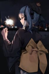 Rule 34 | 1girl, absurdres, beret, black kimono, black sky, blue hair, blurry, blurry background, blush, bug, butterfly, closed mouth, cowboy shot, fireworks, from behind, grey eyes, hair between eyes, hat, highres, holding fireworks, hololive, hoshimachi suisei, insect, japanese clothes, kimono, long sleeves, looking at object, mane031210, medium hair, night, obi, outdoors, plaid headwear, robe, sash, sidelocks, sky, solo, sparkler, standing, virtual youtuber, white butterfly, wide sleeves, yellow robe