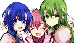 Rule 34 | 3girls, aged down, bad id, bad twitter id, blue eyes, blue hair, catria (fire emblem), closed eyes, closed mouth, est (fire emblem), female focus, fire emblem, fire emblem: mystery of the emblem, fire emblem heroes, green eyes, green hair, headband, long hair, matching hair/eyes, multiple girls, naho (pi988y), nintendo, open mouth, palla (fire emblem), pink hair, short hair, siblings, simple background, sisters, smile, twitter username, upper body, white background, white headband
