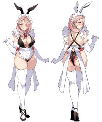 Rule 34 | 1girl, absurdres, animal ears, apron, ass, black footwear, blue eyes, blush, bow, bowtie, breasts, cleavage, closed mouth, commentary request, detached collar, earrings, elbow gloves, fake animal ears, frills, gloves, hair over one eye, high heels, highleg, highleg swimsuit, highres, jewelry, large breasts, lips, long hair, looking at viewer, looking back, maid headdress, mole, mole on thigh, mole under eye, multiple views, one-piece swimsuit, original, pink hair, rabbit ears, senri gan, shiny clothes, shiny skin, simple background, smile, standing, swimsuit, thighhighs, turnaround, waist apron, white gloves, white thighhighs