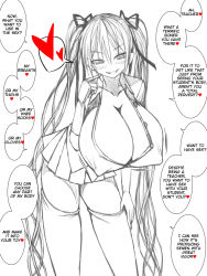 Rule 34 | 1girl, aebafuti, blush, breasts, cleavage, covered erect nipples, gigantic breasts, hair ribbon, hand on own thigh, highres, leaning forward, long hair, looking at viewer, multiple girls, ribbon, skirt, smile, thighhighs, translated, twintails, very long hair