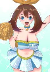 Rule 34 | absurdres, ayuyu lament, blue eyes, blush, breasts, brown hair, cheerleader, choker, cleavage, creatures (company), crop top, game freak, highres, large breasts, may (pokemon), navel, nintendo, open mouth, pokemon, pokemon oras, pom pom (cheerleading), skindentation, skirt, smile, sweat, thick thighs, thighs
