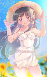 Rule 34 | 1girl, absurdres, bare shoulders, black hair, blurry, blush, bow, breasts, closed mouth, commentary request, day, depth of field, dress, dress bow, flower, frilled dress, frills, gokou ruri, hands on headwear, hat, highres, long hair, looking at viewer, medium breasts, ore no imouto ga konna ni kawaii wake ga nai, outdoors, purple eyes, shinonome mozuku, sleeveless, smile, solo, standing, sun hat, sunflower, very long hair, white dress