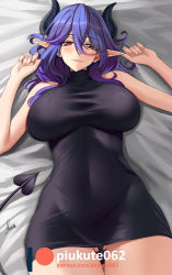 Rule 34 | 1girl, absurdres, bare arms, bare shoulders, black panties, blush, breasts, closed mouth, commentary, demon girl, demon tail, english commentary, hair between eyes, hands up, highres, horns, kinsou no vermeil, large breasts, looking at viewer, lying, on back, panties, patreon username, piukute062, pointy ears, purple hair, red eyes, signature, smile, solo, tail, thigh gap, underwear, vermeil (kinsou no vermeil)