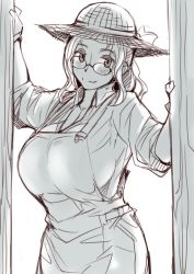 Rule 34 | 1girl, blush, breasts, freckles, glasses, hat, huge breasts, large breasts, looking at viewer, monochrome, sketch, smile, solo, standing, tsuda nanafushi
