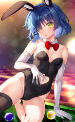 Rule 34 | 1girl, :o, animal ears, arm support, bare shoulders, black leotard, blue hair, blush, bocchi the rock!, bow, bowtie, breasts, clothing cutout, collar, detached collar, elbow gloves, fake animal ears, fujima takuya, gloves, hair ornament, hair over one eye, hairclip, highres, leotard, looking at viewer, mole, mole under eye, navel, navel cutout, open mouth, playboy bunny, rabbit ears, red bow, red bowtie, short hair, single thighhigh, small breasts, solo, thighhighs, twitter username, wet, white collar, white gloves, yamada ryo, yellow eyes