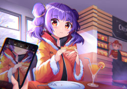 Rule 34 | 1other, 2girls, alternate costume, blunt bangs, cellphone, closed mouth, contemporary, crepe, cup, drink, drinking glass, drinking straw, eating, fire emblem, fire emblem: the sacred stones, food, food on face, fork, fur trim, highres, holding, holding food, holding phone, indoors, jacket, long hair, looking at viewer, multiple girls, myrrh (fire emblem), mystic-san, nintendo, no wings, orange jacket, phone, plate, purple hair, red eyes, smartphone, twintails, wide sleeves, winter