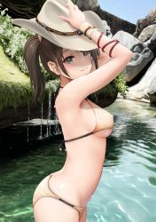 Rule 34 | 1girl, absurdres, arms up, bikini, blue eyes, breasts, brown bikini, brown hair, brown hat, closed mouth, commentary request, cowboy hat, cowboy shot, day, gibun (sozoshu), hair ornament, hand on headwear, hat, highres, medium breasts, original, outdoors, river, short hair, solo, standing, swimsuit, twintails, water