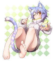 Rule 34 | 1girl, animal ear fluff, animal ears, barefoot, blue hair, blush, breasts, cat ears, cat tail, checkered background, food, fruit, full body, hair between eyes, highres, ice, lemon, lemon slice, looking at viewer, medium breasts, one eye closed, open mouth, orange eyes, original, ryota tentei, scar, shaved ice, short hair, shorts, smile, solo, tail, tongue, tongue out, tora tentei