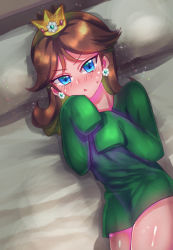 Rule 34 | 1girl, bed, blush, brown hair, crown, earrings, flower earrings, green sweater, highres, jewelry, legs, looking at viewer, lying, mario (series), nervous, nintendo, princess daisy, solo, super mario bros. 1, super mario land, sweater, tomboy