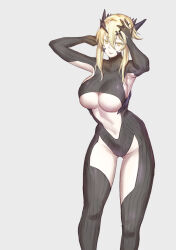 Rule 34 | 1girl, armpits, artoria pendragon (fate), artoria pendragon (lancer alter) (fate), blonde hair, bodysuit, breasts, colored eyelashes, commentary, cowboy shot, curvy, emoshon, fate/grand order, fate/stay night, fate (series), grey background, hair between eyes, hand in own hair, highres, horns, large breasts, looking at viewer, navel, short hair, simple background, smile, solo, standing, stomach, thighs, underboob, yellow eyes
