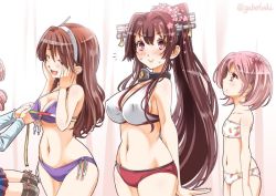 Rule 34 | 10s, 4girls, :&gt;, akashi (kancolle), arms behind back, artist name, ashigara (kancolle), bandeau, bare shoulders, bikini, blush, bra, breast envy, breasts, brown eyes, brown hair, bust measuring, cherry blossoms, cleavage, closed eyes, covered erect nipples, flat chest, flower, food print, hair bobbles, hair flower, hair ornament, hairband, hands on own face, headgear, jpeg artifacts, kantai collection, large breasts, long hair, looking at viewer, looking up, measuring, medium breasts, multiple girls, navel, open mouth, panties, pink eyes, pink hair, pleated skirt, ponytail, print panties, remodel (kantai collection), sazanami (kancolle), school uniform, serafuku, size difference, skirt, smile, sogabe toshinori, standing, strawberry panties, strawberry print, sweatdrop, swimsuit, tape measure, twintails, twitter username, underwear, underwear only, very long hair, wavy hair, white bra, white panties, yamato (kancolle)