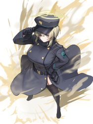 Rule 34 | 1girl, adjusting clothes, adjusting headwear, belt, black gloves, black hat, blonde hair, blue archive, breasts, buttons, coat, covered navel, double-breasted, eyepatch, garter straps, gloves, green eyes, hair between eyes, halo, hat, high collar, highres, holster, large breasts, long sleeves, peaked cap, solo, suou (blue archive), takeclaire, thighhighs, wind