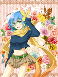 Rule 34 | 1girl, belt, blue hair, breasts, bug, butterfly, butterfly hair ornament, cowboy shot, crop top, floral background, flower, green eyes, hair ornament, highres, insect, midriff, mise yuzuki, navel, open mouth, original, pleated skirt, scarf, shiny skin, short hair, skirt, smile, solo, sweater, yellow scarf