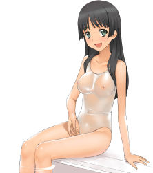 Rule 34 | 1girl, a1 (initial-g), absurdres, adjusting clothes, adjusting swimsuit, arm support, black hair, breasts, casual one-piece swimsuit, green eyes, highres, leotard, navel, nipples, one-piece swimsuit, open mouth, pool, poolside, saten ruiko, see-through, sitting, smile, soaking feet, solo, swimsuit, toaru kagaku no railgun, toaru majutsu no index, water, wet