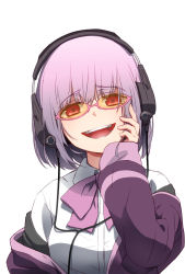 Rule 34 | 10s, 1girl, bow, bowtie, commentary request, glasses, gridman universe, headphones, highres, long sleeves, namaata, open mouth, pink-framed eyewear, pink bow, pink bowtie, pink hair, shinjou akane, shirt, short hair, simple background, smile, solo, ssss.gridman, sunglasses, teeth, tinted eyewear, upper body, white background, white shirt, yellow-tinted eyewear, yellow-tinted glasses