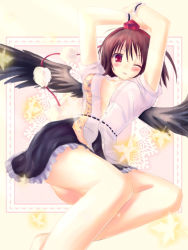 Rule 34 | 1girl, armpits, bad id, bad pixiv id, black wings, blush, breasts, breasts apart, brown hair, cleavage, female focus, hat, highres, kimikimi, looking at viewer, medium breasts, open clothes, open shirt, red eyes, shameimaru aya, shirt, solo, thighs, tokin hat, touhou, wince, wings