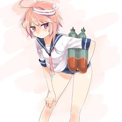 Rule 34 | 10s, 1girl, absurdres, ahoge, hair ornament, highres, i-58 (kancolle), kantai collection, looking at viewer, pink eyes, pink hair, school swimsuit, school uniform, serafuku, short hair, solo, swimsuit, swimsuit under clothes, torpedo, totobuki, type 95 torpedo