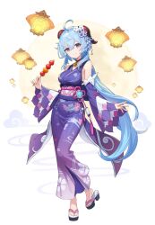 Rule 34 | 1girl, adapted costume, ahoge, bare shoulders, bell, blue hair, breasts, candy apple, detached sleeves, food, food in mouth, full body, ganyu (genshin impact), genshin impact, hair ornament, highres, holding, holding food, horns, japanese clothes, kimono, kkumang, lantern, long hair, looking at viewer, low ponytail, medium breasts, neck bell, paper lantern, purple eyes, purple kimono, purple sleeves, sidelocks, smile, solo, standing, tachi-e, vision (genshin impact), yukata