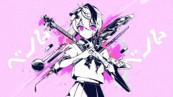 Rule 34 | 1girl, bandaged arm, bandages, bandaid, bandaid on face, boxcutter, closed mouth, commentary request, cowboy shot, electric guitar, flask, flower (vocaloid), gibson flying v, guitar, headphones, headphones around neck, instrument, looking at viewer, midriff peek, monochrome, multicolored hair, navel, nou (nounknown), phonograph, pill, pink background, pink eyes, pleated skirt, round-bottom flask, school uniform, serafuku, short hair, short sleeves, skirt, solo, song name, streaked hair, syringe, test tube, flower (vocaloid4), venom (vocaloid), vocaloid, x fingers