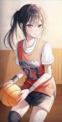 Rule 34 | 1girl, absurdres, ball, basketball, basketball uniform, black hair, black shorts, black wristband, collarbone, commentary, hair between eyes, hair ornament, highres, holding, holding ball, indoors, knee pads, looking at viewer, multicolored eyes, myowa, open mouth, original, parted bangs, ponytail, shirt, short shorts, shorts, smile, solo, sportswear, standing, sweat, symbol-only commentary, white shirt, wristband