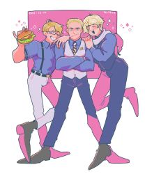 Rule 34 | 3boys, ^ ^, ^o^, ahoge, america (hetalia), artist name, axis powers hetalia, blonde hair, burger, closed eyes, dated, food, glasses, hair slicked back, highres, holding, holding food, leg up, legs apart, male focus, multiple boys, muscular, muscular male, necktie, official alternate costume, overalls, own hands together, pectorals, pink background, russia (hetalia), scarf, striped necktie, te shiro, waistcoat, white scarf