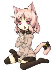 Rule 34 | 10s, 1girl, animal ears, black skirt, black thighhighs, cat ears, cat tail, chibi, choker, diabolik lovers, full body, hand on own chest, jiecaoshu, komori yui, looking at viewer, miniskirt, off-shoulder, off-shoulder sweater, off shoulder, on floor, open mouth, pink eyes, pleated skirt, simple background, sitting, skirt, solo, sweater, tail, tears, thighhighs, wariza, white background