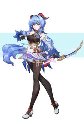Rule 34 | 1035155067, 1girl, absurdres, amos&#039; bow (genshin impact), bare shoulders, bell, black gloves, black pantyhose, blue hair, blush, bow (weapon), breasts, chinese knot, detached sleeves, flower knot, full body, ganyu (genshin impact), genshin impact, gloves, gold trim, high heels, highres, holding, holding bow (weapon), holding weapon, horns, light smile, long hair, looking at viewer, low ponytail, medium breasts, neck bell, pantyhose, pelvic curtain, purple eyes, red rope, rope, sidelocks, solo, standing, tachi-e, thighlet, thighs, very long hair, vision (genshin impact), waist cape, weapon, white background, white sleeves
