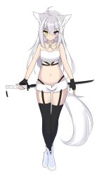 Rule 34 | 1girl, absurdres, animal ear fluff, animal ears, bare shoulders, black gloves, black thighhighs, boots, breasts, closed mouth, collarbone, commentary request, crossed legs, fingerless gloves, fox ears, fox girl, fox tail, full body, gloves, grey eyes, grey footwear, grey hair, hair between eyes, heterochromia, highres, holding, holding sword, holding weapon, katana, kuronagi (mitora uwu), long hair, looking at viewer, navel, o-ring, o-ring top, open clothes, open fly, open shorts, original, short shorts, shorts, simple background, small breasts, solo, standing, sword, tail, thighhighs, thighhighs under boots, very long hair, weapon, white background, white shorts, yellow eyes