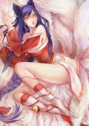 Rule 34 | 1girl, absurdres, ahri (league of legends), animal ears, blue hair, boots, braid, breasts, cleavage, detached sleeves, feng dai hr, fox ears, fox girl, fox tail, highres, large breasts, league of legends, lips, long hair, lying, miniskirt, multiple tails, off shoulder, on side, parted lips, single braid, skirt, solo, tail, thighs, very long hair, white footwear, yellow eyes