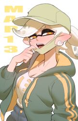 Rule 34 | + +, 1girl, alternate hairstyle, baseball cap, character name, clothes writing, colo (nagrolaz), commentary, dated, double vertical stripe, drawstring, earrings, english commentary, green hat, green jacket, half-closed eyes, hat, highres, hood, hood down, hooded jacket, hoodie, inkling, jacket, jewelry, long sleeves, looking at viewer, marie (splatoon), mask, mask pull, mole, mole under eye, mouth mask, nintendo, open clothes, open jacket, open mouth, orange eyes, pointy ears, ponytail, shirt, short hair, silver hair, solo, splatoon (series), standing, swept bangs, white background, white shirt