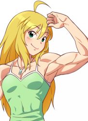 Rule 34 | 1girl, ahoge, arm up, armpits, bare shoulders, biceps, blonde hair, dog tags, flexing, green eyes, hoshii miki, idolmaster, idolmaster (classic), long hair, looking at viewer, muscular, sat (yukipoha), satykp, simple background, smile, solo, tank top, white background