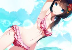 Rule 34 | 1girl, arm up, armpits, atha (leejuiping), bikini, black hair, blue eyes, dutch angle, flower, frilled bikini, frills, hair flower, hair ornament, long hair, looking at viewer, original, parted lips, ponytail, red bikini, side ponytail, sky, solo, swimsuit