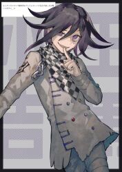 Rule 34 | 1boy, black hair, border, buttons, chain, character name, checkered clothes, checkered scarf, danganronpa (series), danganronpa v3: killing harmony, hair between eyes, highres, index finger raised, long sleeves, looking at viewer, male focus, migato, oma kokichi, open mouth, pants, purple eyes, purple hair, scarf, simple background, solo, straitjacket