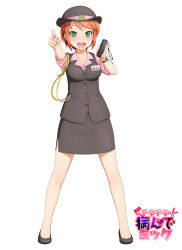 Rule 34 | 1girl, :o, black hat, cellphone, copyright name, dokidoki yandemic, full body, green eyes, grey footwear, grey skirt, hair ornament, hairclip, hat, id card, legs apart, open mouth, orange hair, phone, pointing, pointing at viewer, short hair, simple background, skirt, sleeves rolled up, solo, standing, watch, white background, zenzai, zenzai (zenzaio72)