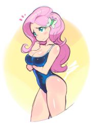 Rule 34 | 1girl, aetherion, animal hair ornament, aqua eyes, blue one-piece swimsuit, blush, blush stickers, breasts, bug, butterfly, butterfly hair ornament, cleavage, collarbone, cowboy shot, embarrassed, fluttershy, hair ornament, hairpin, hasbro, highres, insect, long hair, medium breasts, my little pony, my little pony: equestria girls, my little pony: friendship is magic, new school swimsuit, one-piece swimsuit, personification, pink hair, school swimsuit, swimsuit, wet