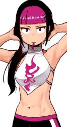 Rule 34 | 1girl, adjusting hair, armpits, arms behind head, arms up, black hair, blunt bangs, breasts, chinese clothes, dudou, hair down, hair tie, hair tie in mouth, han juri, highres, lineni, long hair, midriff, mouth hold, multicolored hair, navel, pants, purple eyes, purple hair, sleeveless, small breasts, solo, street fighter, street fighter v, toned, track pants, two-tone hair, tying hair, white background