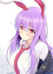 Rule 34 | 1girl, animal ears, blazer, collared shirt, commentary request, crescent, crescent moon, flying sweatdrops, hair between eyes, highres, jacket, light purple hair, long hair, long sleeves, looking at viewer, moon, necktie, orange eyes, purple hair, rabbit ears, red necktie, reisen udongein inaba, shirt, solo, takeyuu, touhou, upper body, white shirt