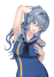 Rule 34 | 1girl, :d, absurdres, arm behind head, arm up, armpits, baji toufuu (bajitohfu), black neckerchief, blue dress, blue eyes, blue hair, blue sailor collar, dress, gotland (kancolle), hair between eyes, hand on own chest, highres, kantai collection, long hair, looking at viewer, mole, mole under eye, neckerchief, open mouth, sailor collar, sleeveless, sleeveless dress, smile, solo, standing, upper body, white background